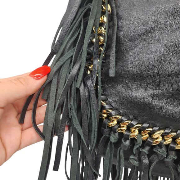 Michael Kors Hobo Bag Purse Black Leather Fringe Gold Chain Braided Slouchy Boho - Picture 6 of 16